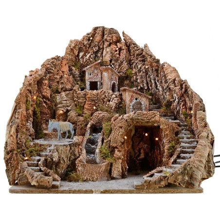 Nativity scene cm 52x55x48 h with waterfall, donkey with millstone and lights