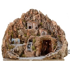 Presepe cm 52x55x48 h con cascata, asino con macina e luci 2