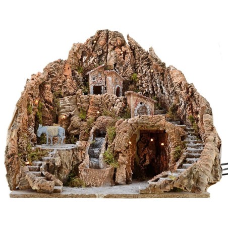 Nativity scene cm 52x55x48 h with waterfall, donkey with millstone and lights