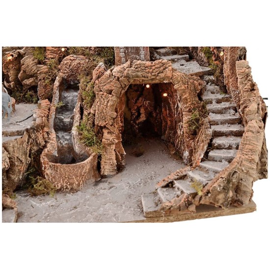 Nativity scene cm 52x55x48 h with waterfall, donkey with millstone, and lights