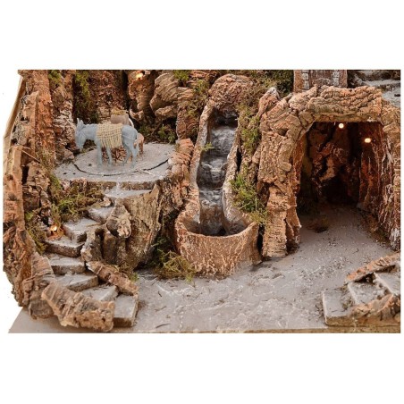 Nativity scene cm 52x55x48 h with waterfall, donkey with millstone and lights