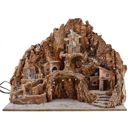 Presepe cm 65x45x53 h con fontana, cascata, mulino a vento e