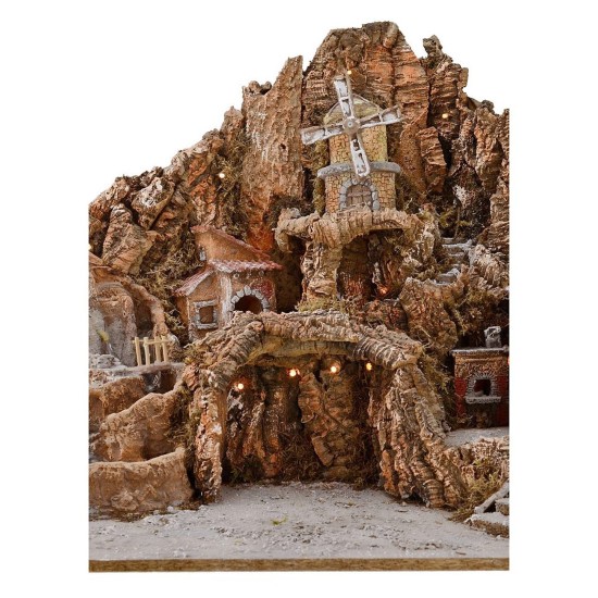 Presepe cm 65x45x53 h con fontana, cascata, mulino a vento e