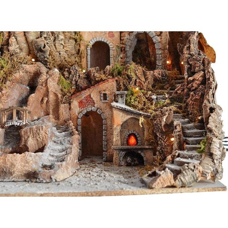 Pesebre de 80x45x66 cm con molino, cascada, fuego y luces.