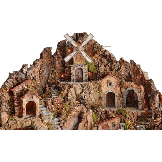 Pesebre de 80x45x66 cm con molino, cascada, fuego y luces.