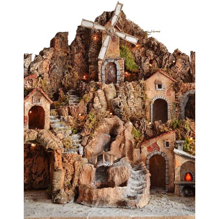 Pesebre de 80x45x66 cm con molino, cascada, fuego y luces.