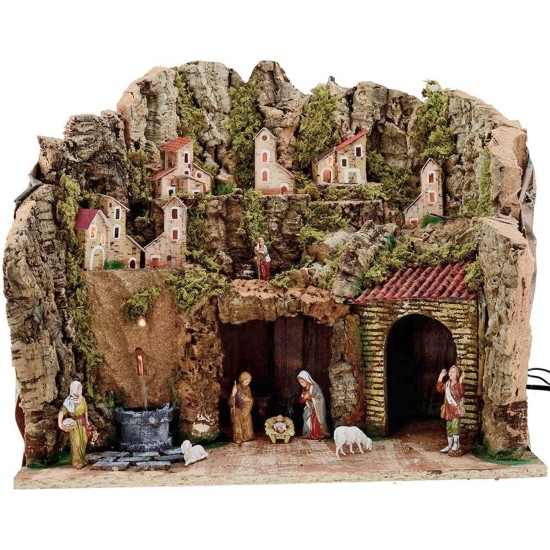 Belén completo con figuras Landi de 8 cm, fuente y luces, de