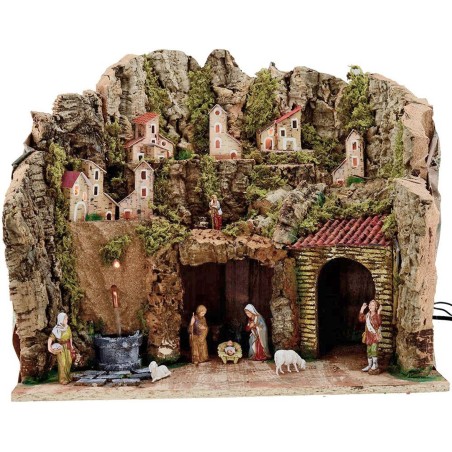 Belén completo con figuras Landi de 8 cm, fuente y luces, de