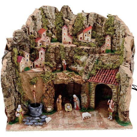 Full presepe with statues Landi 8 cm Fontana and lights cm