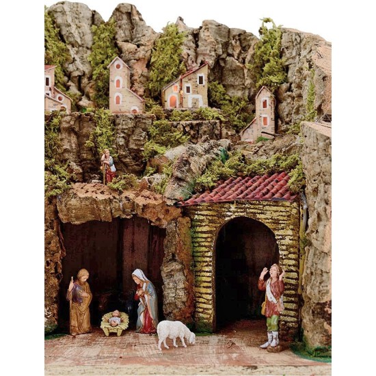 Belén completo con figuras Landi de 8 cm, fuente y luces, de