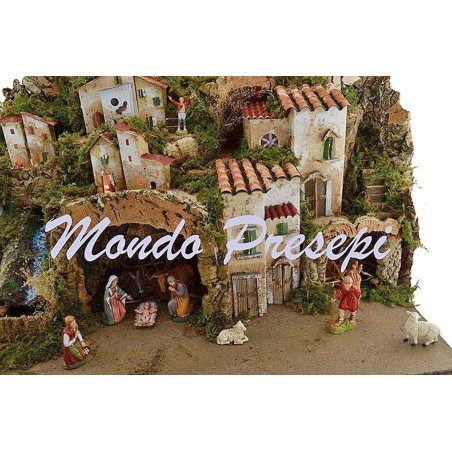 Belén completo con figuras Landi, cascada y luces cm 76x40x54 h
