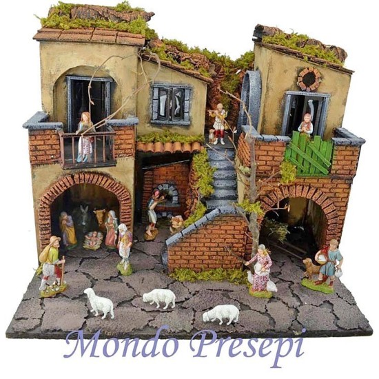 Pesebre completo con estatuas Landi iluminado con horno cm