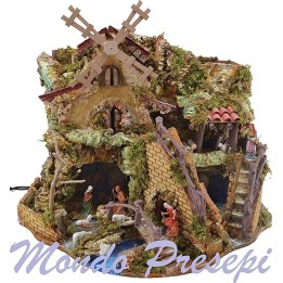 Pesebre completo con estatuas Landi molino y fuego cm 57x36x48 h
