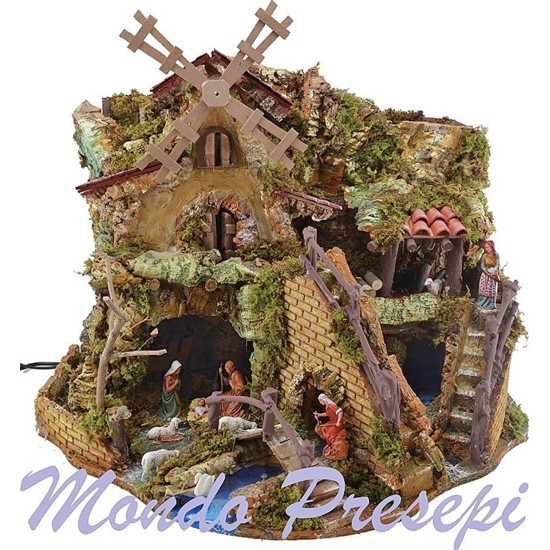 Complete nativity scene with Landi statues, mill, and fire, size 57x36x48 cm h