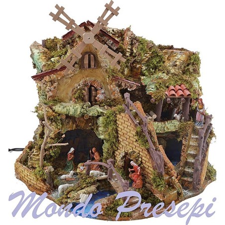 Presepe completo con statue Landi mulino e fuoco cm 57x36x48 h