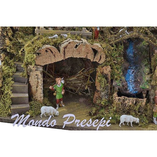 Presepe completo con statue cascata e luci cm 60x34x44 h. Mondo