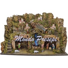 Presepe completo con statue cascata e luci cm 60x34x44 h. Mondo 2