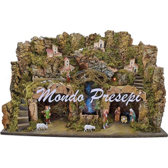 Presepe completo con statue cascata e luci cm 60x34x44 h. Mondo