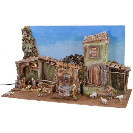 Pesebre completo de estatuas Landi con cielo y fuente
