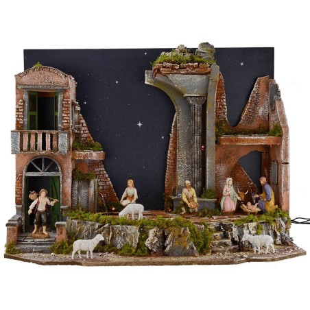 Presepe completo di statue Landi con cielo stellato illuminato