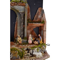 Pesebre completo de figuras Landi con cielo estrellado iluminado. 2