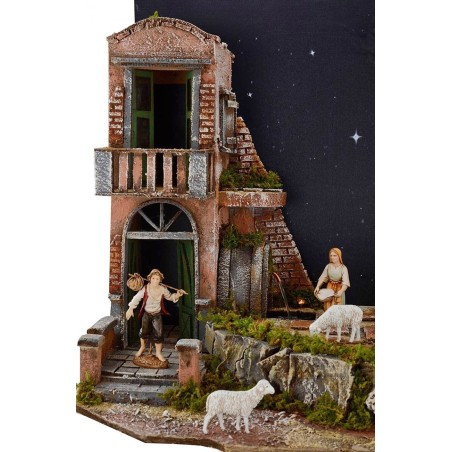 Presepe completo di statue Landi con cielo stellato illuminato