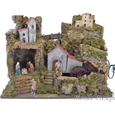 Belén completo de figuras Landi con molino de agua y luces de