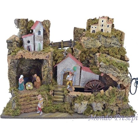 Complete nativity scene with Landi statues, water mill, and lights cm