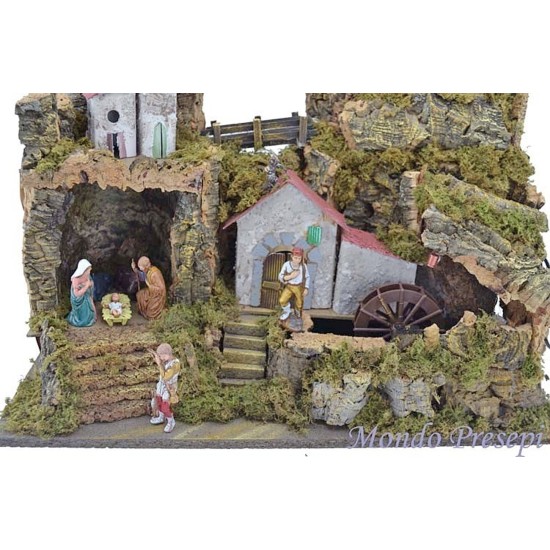 Presepe completo di statue Landi con mulino ad acqua e luci cm