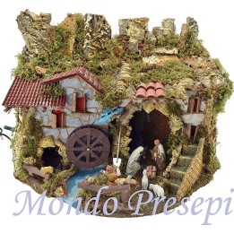 Complete nativity scene with statues, lights, and mill 56x37x43 cm h