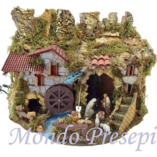 Complete nativity scene with statues, lights, and mill cm 56x37x43 h