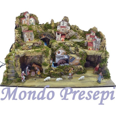 Complete nativity scene with Landi statues, mill, and lights cm 80x50x50