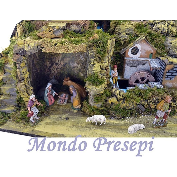 Complete nativity scene with Landi statues, mill, and lights cm 80x50x50