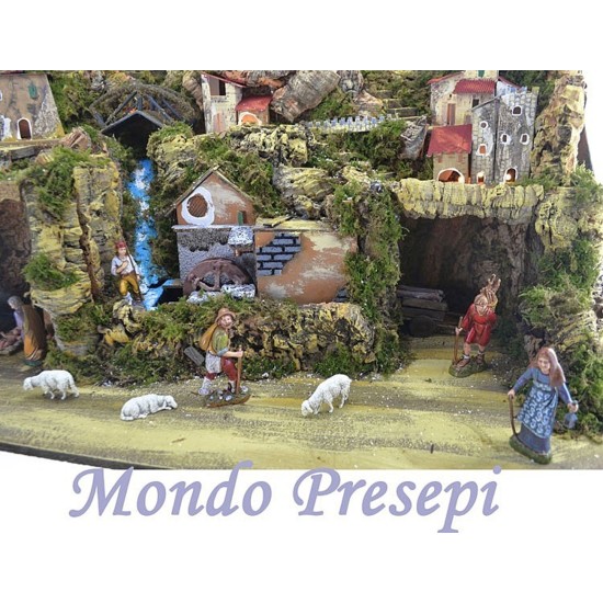 Belén completo de figuras Landi con molino y luces de 80x50x50