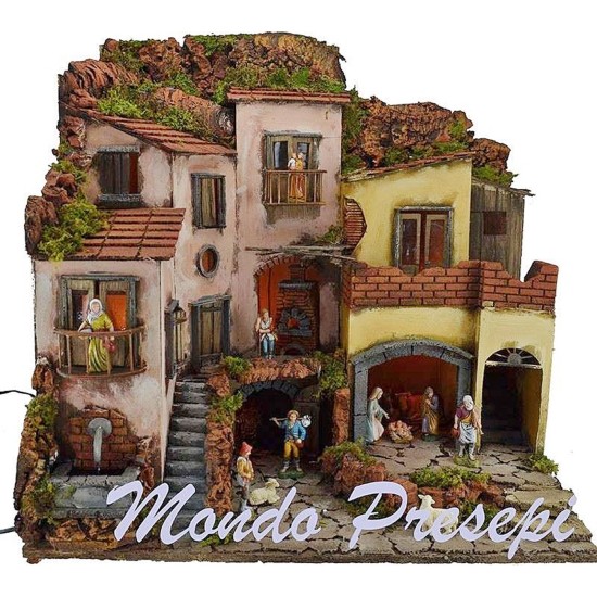 Complete nativity scene with statues, lights, and fountain cm 60x40x54 h