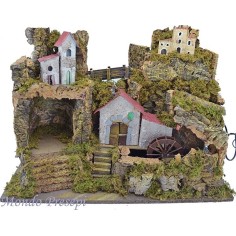 Nativity scene with water mill and lights, cm 50 x 26