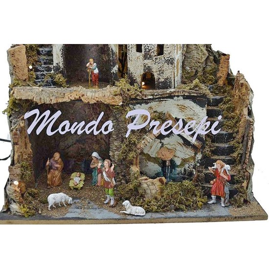 Nativity scene with Landi statues, fountain, and lights, dimensions 42x35x38 cm h.