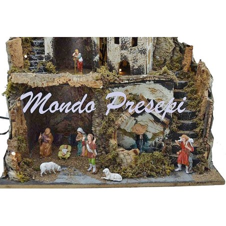 Pesebre con figuras Landi, fuente y luces, medidas 42x35x38 cm. Mundo