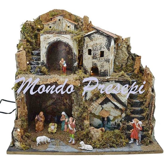 Belén con figuras Landi, fuente y luces de 42x35x38 cm h.
