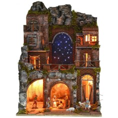 Belén iluminado completo con estatuas Landi y cielo estrellado 2