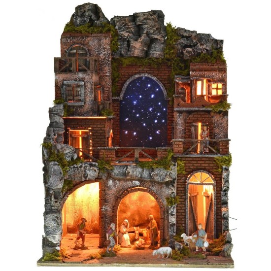 Illuminated nativity scene complete with Landi statues with