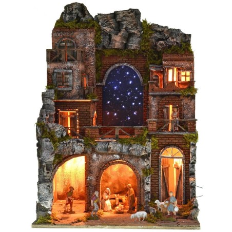 Illuminated nativity scene complete with Landi statues with