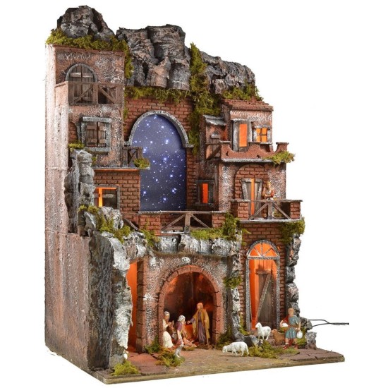 Illuminated nativity scene complete with Landi statues with