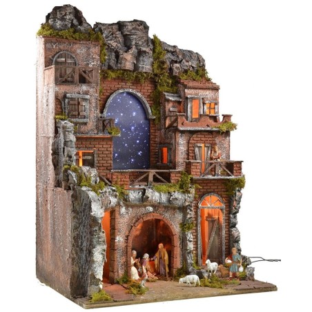 Illuminated nativity scene complete with Landi statues with