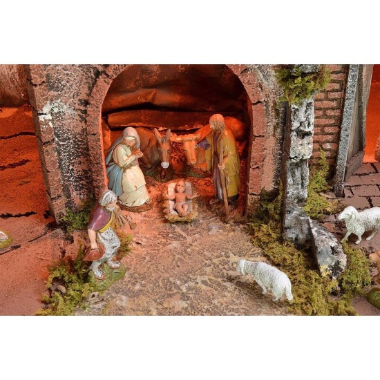 Illuminated nativity scene complete with Landi statues with
