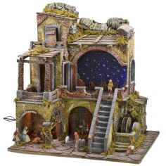 Illuminated nativity scene complete with Landi statues with