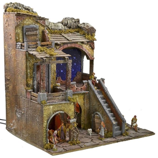 Illuminated nativity scene complete with Landi statues with