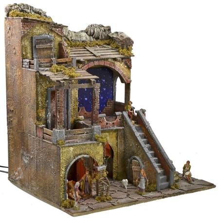 Illuminated nativity scene complete with Landi statues with