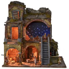 Illuminated nativity scene complete with Landi statues with 2