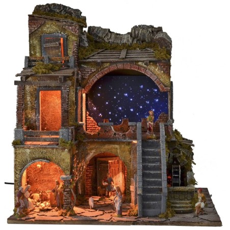 Illuminated nativity scene complete with Landi statues with